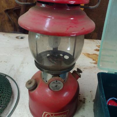 Coleman Gas Lantern, John Deere Metal Mesh Bird Feeder and Plano Tackle Box with Fishing Accessories