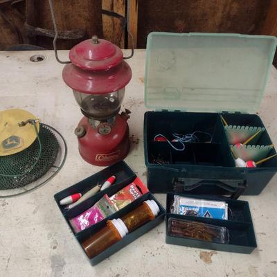 Coleman Gas Lantern, John Deere Metal Mesh Bird Feeder and Plano Tackle Box with Fishing Accessories