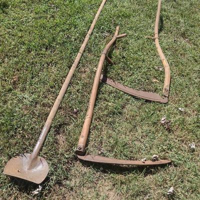 Pair of Vintage Scythes and Long Handled Shovel