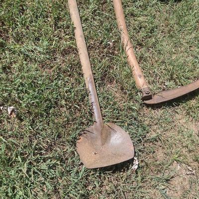 Pair of Vintage Scythes and Long Handled Shovel