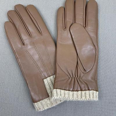 New Halston Leather Gloves Brown with Knit lining
