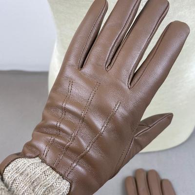 New Halston Leather Gloves Brown with Knit lining