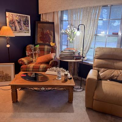 Lot 1: Plaid Chair, Leather Recliner, Art & More