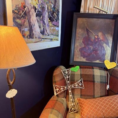 Lot 1: Plaid Chair, Leather Recliner, Art & More