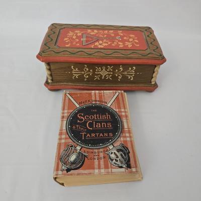 Antique book - The Scottish Clans and Their Tartans By W A K Johnston Ltd - with neat wooden musical trinket box