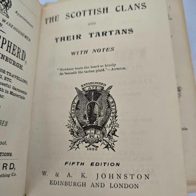 Antique book - The Scottish Clans and Their Tartans By W A K Johnston Ltd - with neat wooden musical trinket box