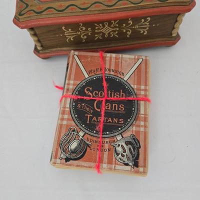 Antique book - The Scottish Clans and Their Tartans By W A K Johnston Ltd - with neat wooden musical trinket box