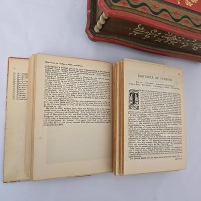 Antique book - The Scottish Clans and Their Tartans By W A K Johnston Ltd - with neat wooden musical trinket box