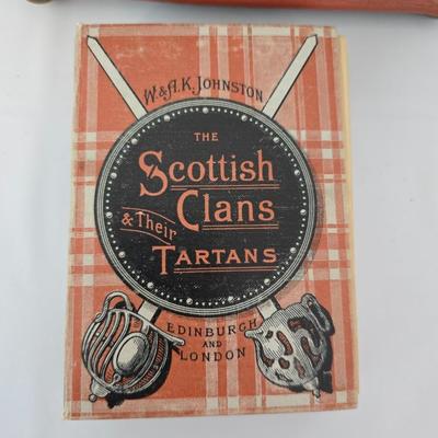 Antique book - The Scottish Clans and Their Tartans By W A K Johnston Ltd - with neat wooden musical trinket box
