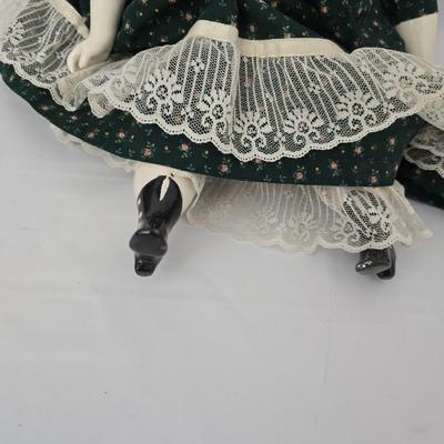 Antique Ceramic head, leg and armed China doll marked COX with a Ceramic headed Avon Heritage Heirloom pin doll