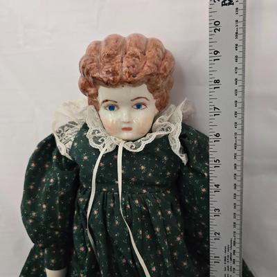 Antique Ceramic head, leg and armed China doll marked COX with a Ceramic headed Avon Heritage Heirloom pin doll