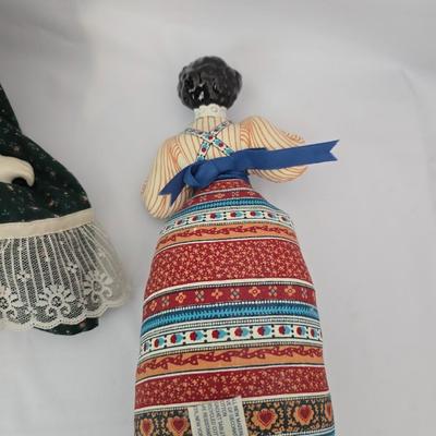 Antique Ceramic head, leg and armed China doll marked COX with a Ceramic headed Avon Heritage Heirloom pin doll