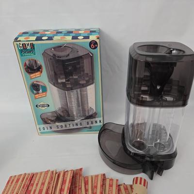 New Game Parlor Coin sorting bank with flat coin wrappers and a ceramic coin purse piggy bank