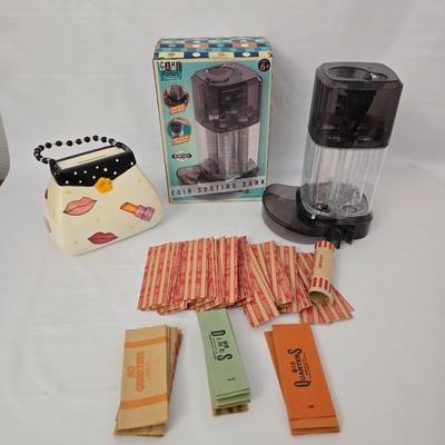 New Game Parlor Coin sorting bank with flat coin wrappers and a ceramic coin purse piggy bank