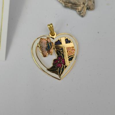 Enamel heart with cross and butterfly charm - Vintage praying hands necklace - and a genuine Australian Crystal Peridot Guardian angel pin
