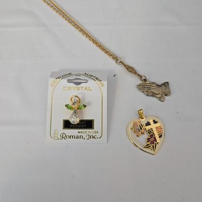 Enamel heart with cross and butterfly charm - Vintage praying hands necklace - and a genuine Australian Crystal Peridot Guardian angel pin
