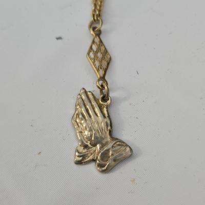 Enamel heart with cross and butterfly charm - Vintage praying hands necklace - and a genuine Australian Crystal Peridot Guardian angel pin