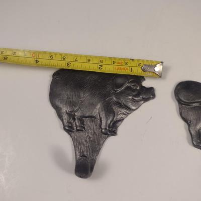 Pair of Pewter Wall Hooks- Pig and Cow