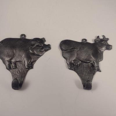 Pair of Pewter Wall Hooks- Pig and Cow