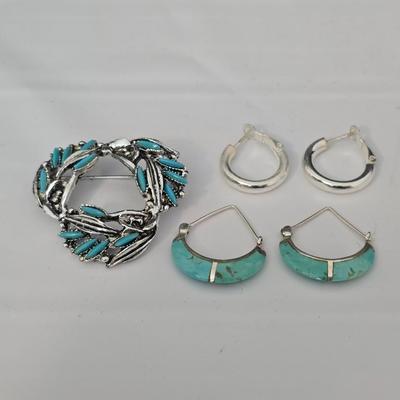 Two pairs of earrings - Vintage Boma .925 sterling silver - pair of .925 sterling marked silver hoops and a brooch pin