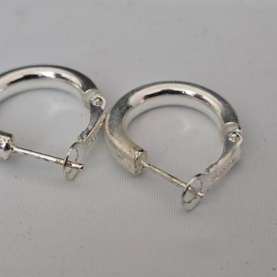 Two pairs of earrings - Vintage Boma .925 sterling silver - pair of .925 sterling marked silver hoops and a brooch pin