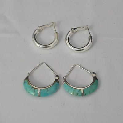 Two pairs of earrings - Vintage Boma .925 sterling silver - pair of .925 sterling marked silver hoops and a brooch pin