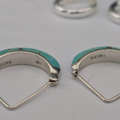 Two pairs of earrings - Vintage Boma .925 sterling silver - pair of .925 sterling marked silver hoops and a brooch pin