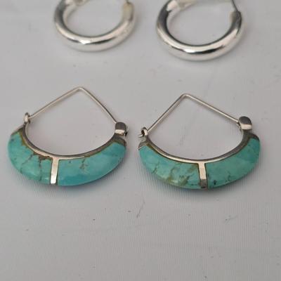 Two pairs of earrings - Vintage Boma .925 sterling silver - pair of .925 sterling marked silver hoops and a brooch pin