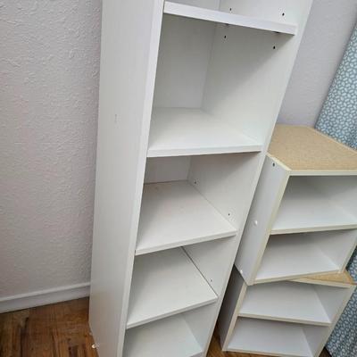 Narrow White laminate shelving unit with two smaller shelf units