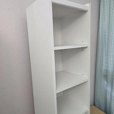 Narrow White laminate shelving unit with two smaller shelf units