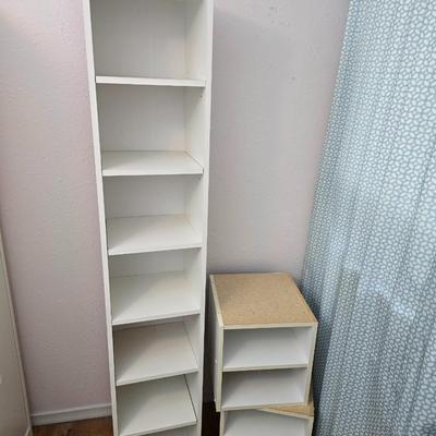 Narrow White laminate shelving unit with two smaller shelf units