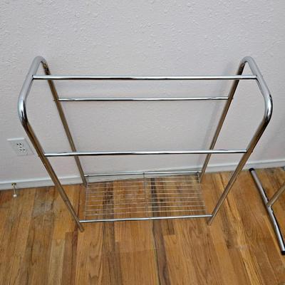 Fold away chrome clothes rack / closet organizer with matching shoe rack and an over the door hanger.