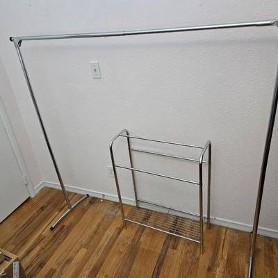 Fold away chrome clothes rack / closet organizer with matching shoe rack and an over the door hanger.