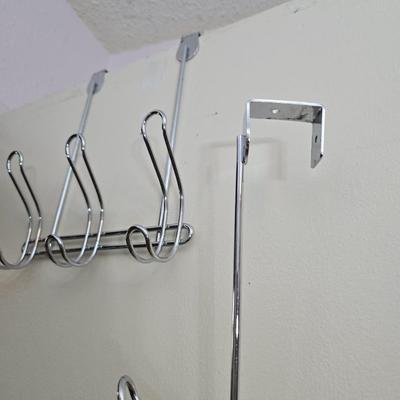 Fold away chrome clothes rack / closet organizer with matching shoe rack and an over the door hanger.