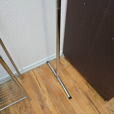 Fold away chrome clothes rack / closet organizer with matching shoe rack and an over the door hanger.