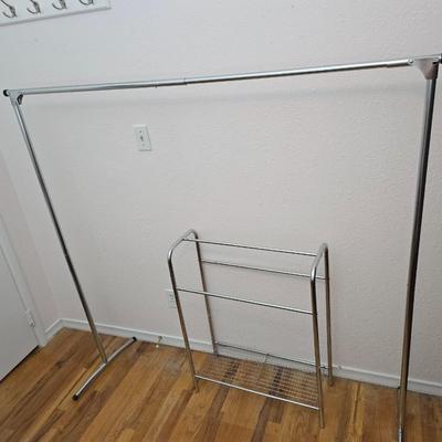Fold away chrome clothes rack / closet organizer with matching shoe rack and an over the door hanger.
