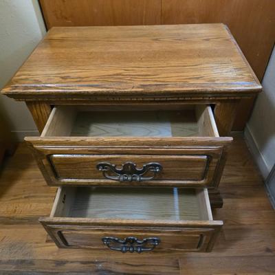 Two Drawer Lea Furniture end table with brass lamp