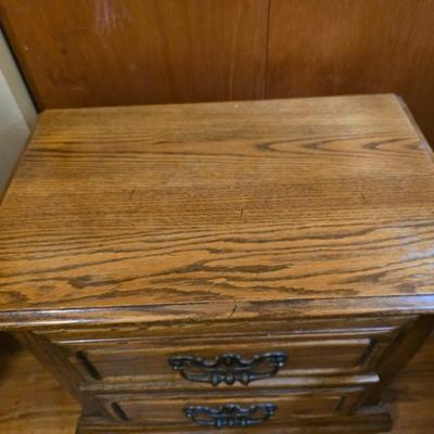 Two Drawer Lea Furniture end table with brass lamp
