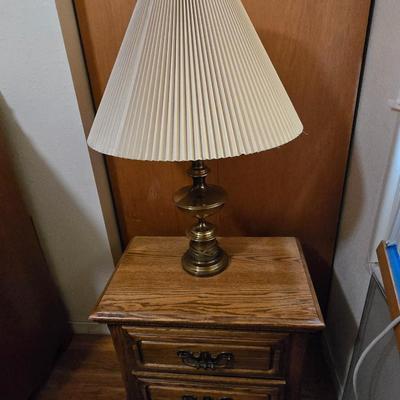 Two Drawer Lea Furniture end table with brass lamp