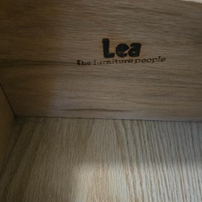Two Drawer Lea Furniture end table with brass lamp