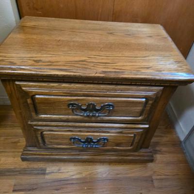 Two Drawer Lea Furniture end table with brass lamp