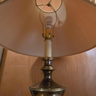 Two Drawer Lea Furniture end table with brass lamp
