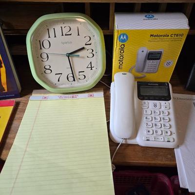 Collection of office supplies - telephone - paper - calculator - writing utensils - notebooks and more !