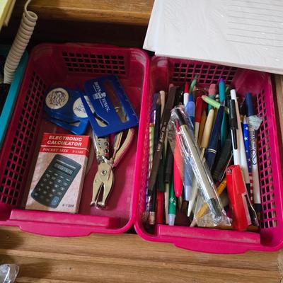 Collection of office supplies - telephone - paper - calculator - writing utensils - notebooks and more !