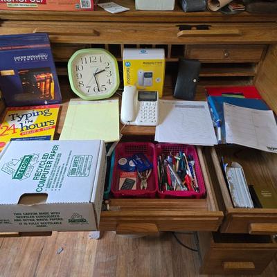 Collection of office supplies - telephone - paper - calculator - writing utensils - notebooks and more !