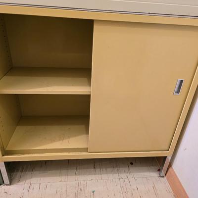 Two vintage metal base cabinet storage with sliding doors