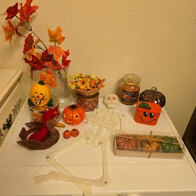 Halloween / Fall decor - pumpkin candles - fall leaves - skeleton - and more
