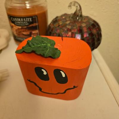 Halloween / Fall decor - pumpkin candles - fall leaves - skeleton - and more