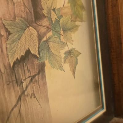 Framed bear cub wall art with assortment of rock artwork, a pewter bear, and other "nature like" decorations
