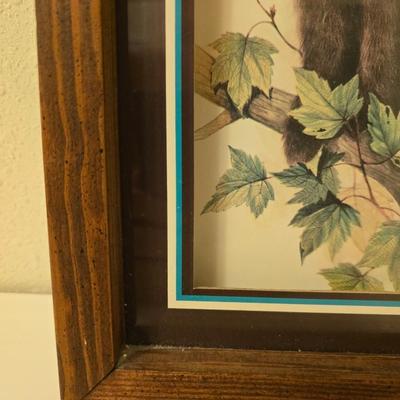 Framed bear cub wall art with assortment of rock artwork, a pewter bear, and other "nature like" decorations